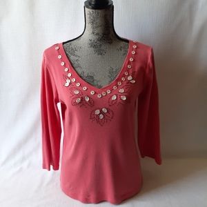 First issue women's orange long-sleeve beaded v-neck top size S